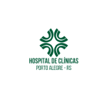 Logo sobre fundo claro com símbolo e texto em tom verde. Na parte superior, há um elemento gráfico simétrico formado por linhas curvas que se conectam, criando um desenho abstrato que lembra folhas ou uma estrutura orgânica. Abaixo, aparece o texto “HOSPITAL DE CLÍNICAS” em letras maiúsculas verdes e, logo abaixo, em tamanho menor, “PORTO ALEGRE - RS”, indicando a localização da instituição.