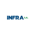 Logo sobre fundo claro com tipografia simples e marcante. No centro, aparece a palavra “INFRA” em letras maiúsculas na cor azul, com traços sólidos e modernos. Ao lado direito, em tamanho menor, está “S.A.” em verde, criando um contraste sutil e destacando a sigla jurídica. A composição é limpa e institucional, com foco no nome da empresa.