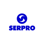 Logo sobre fundo claro com composição simples e marcante. No centro, há um símbolo circular em azul formado por duas formas curvas que se encaixam, lembrando movimento ou conexão. Abaixo do símbolo, aparece a palavra “SERPRO” em letras maiúsculas, também em azul, com tipografia forte e uniforme, transmitindo uma identidade tecnológica e institucional.