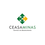Imagem com fundo claro exibindo o logotipo “CEASAMINAS”. No centro, há um símbolo geométrico em formato de losango composto por pequenos quadrados nas cores verde e amarelo, com elementos que lembram setas. Abaixo do símbolo, aparece o texto “CEASAMINAS” em letras maiúsculas, com “CEASA” em cinza e “MINAS” em verde, seguido da frase “Centrais de Abastecimento” em tamanho menor.