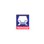 Logo sobre fundo claro com símbolo e texto. Na parte superior, há um ícone azul em formato de quadrado com um desenho branco estilizado que lembra um veículo sobre trilhos, sugerindo transporte ferroviário. Abaixo do símbolo, em uma faixa vermelha, aparece a palavra “TRENSURB” em letras maiúsculas brancas, criando contraste e reforçando a identidade visual ligada ao transporte urbano sobre trilhos.