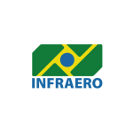 Logo sobre fundo claro com símbolo e texto em cores vivas. Na parte superior, há um retângulo verde com um desenho geométrico em amarelo que forma linhas diagonais e um círculo central, lembrando uma pista, rota ou inspiração na bandeira do Brasil. Abaixo do símbolo, aparece a palavra “INFRAERO” em letras maiúsculas azuis, com tipografia simples e firme, transmitindo identidade institucional ligada à área de aviação e infraestrutura aeroportuária.