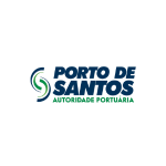 Logo sobre fundo claro com símbolo e texto em tons de azul e verde. À esquerda, há um ícone formado por linhas curvas que criam um desenho circular estilizado, lembrando ondas ou movimento de água. À direita do símbolo, aparece o texto “PORTO DE SANTOS” em letras maiúsculas azuis e, logo abaixo, em tamanho menor e na cor verde, a expressão “AUTORIDADE PORTUÁRIA”, indicando a função institucional.