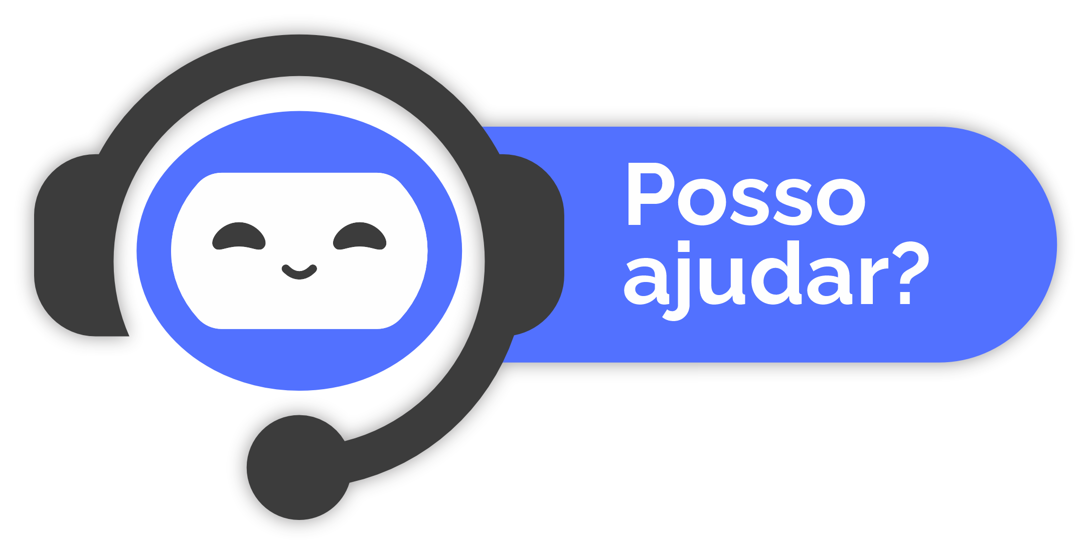 Ícone de rosto sorrindo com fone de ouvido e texto: posso ajudar para ilustrar chatbot