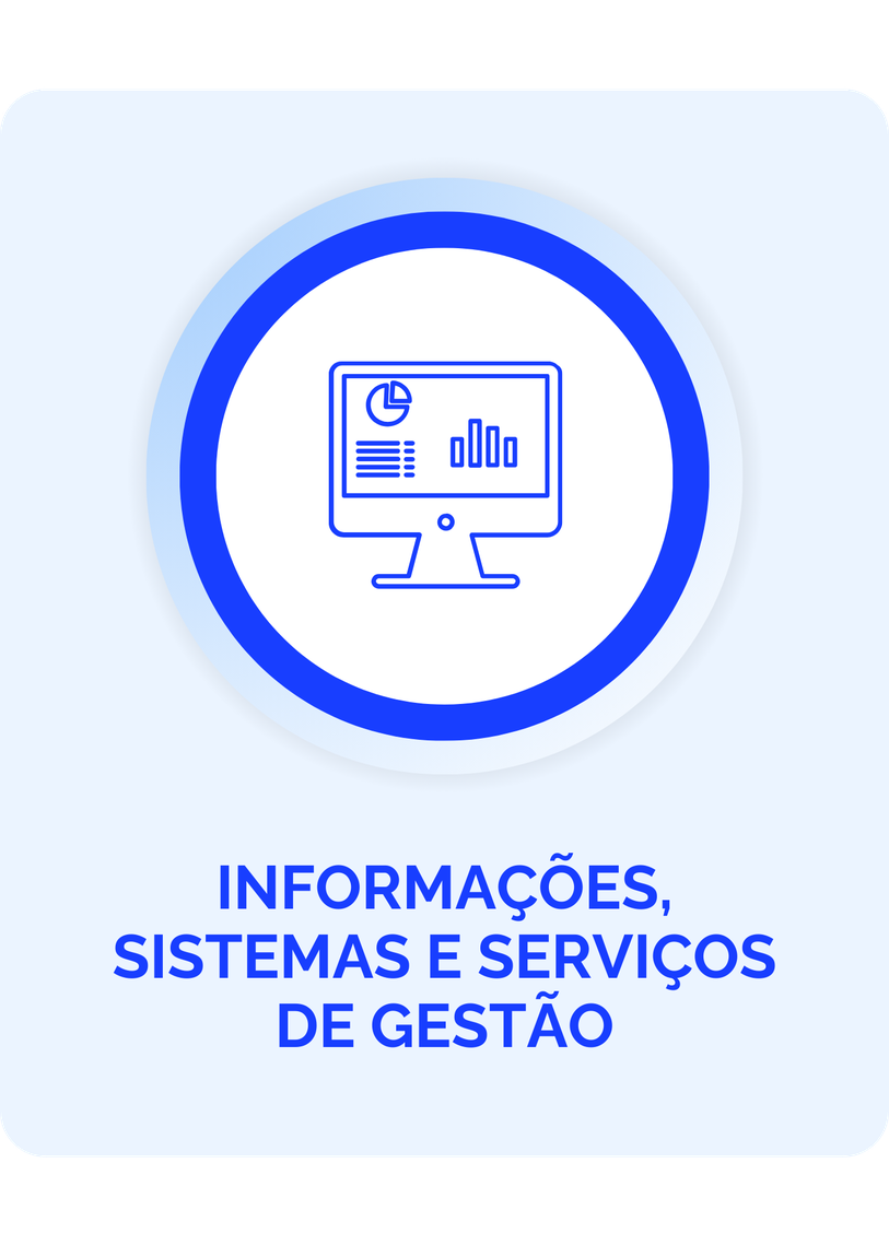 A imagem apresenta um design simples e moderno, com um fundo claro e um círculo azul que envolve um ícone de um computador. O computador exibe gráficos e dados, simbolizando a análise de informações. Abaixo do ícone, está o texto "INFORMAÇÕES, SISTEMAS E SERVIÇOS DE GESTÃO".