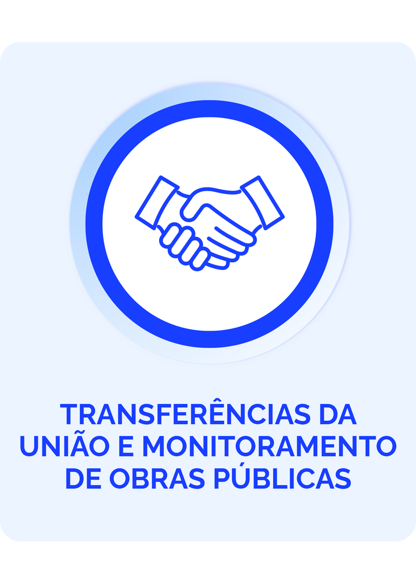 A imagem apresenta um ícone de um aperto de mãos, simbolizando colaboração e parcerias. Abaixo do ícone, está escrito "TRANSFERÊNCIAS E PARCERIAS DA UNIÃO" em letras grandes e em destaque. O fundo é de uma cor clara, enquanto o ícone e o texto estão em azul, transmitindo uma sensação de confiança e profissionalismo.