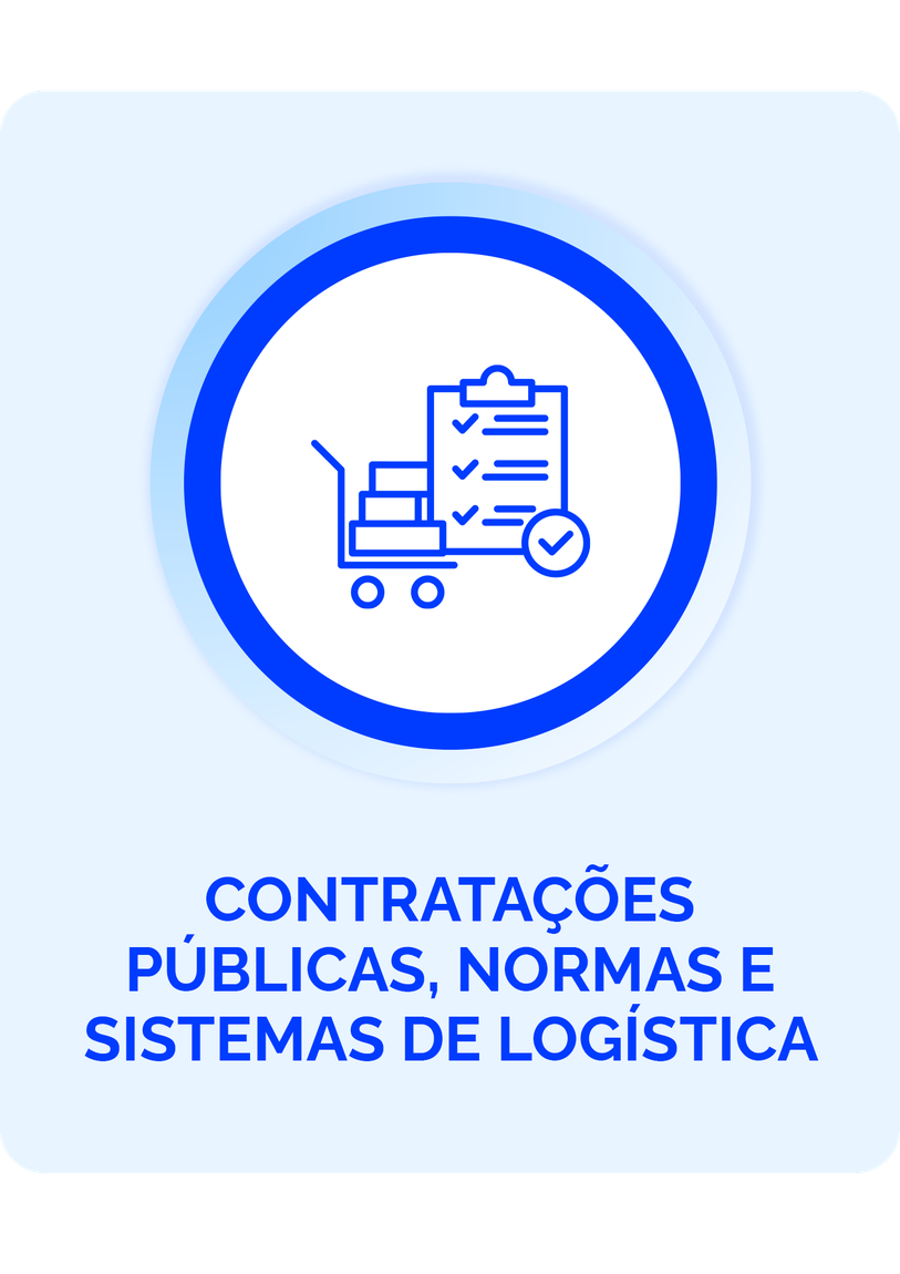 A imagem apresenta um ícone que simboliza normas e sistemas de logística. O ícone inclui um carrinho de transporte com caixas e uma lista de verificação, sugerindo a organização e o controle de processos logísticos. Abaixo do ícone, está escrito "NORMAS E SISTEMAS DE LOGÍSTICA". O design é simples e moderno, utilizando uma paleta de cores em azul e branco.