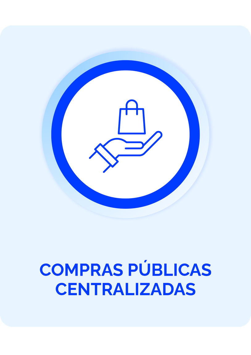 A imagem apresenta um ícone que simboliza "Compras Centralizadas". No centro, há uma mão estilizada segurando uma sacola de compras, representando a ação de adquirir produtos. O ícone é contornado por um círculo azul, que destaca a imagem em um fundo claro.