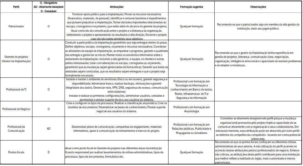 PDF de planilha com infroamções sobre perfis e atribuições sugeridas para o time