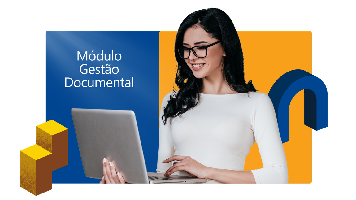 Imagem de mulher de óculos olhando para tela de notebook, com fundo azul e amarelo.