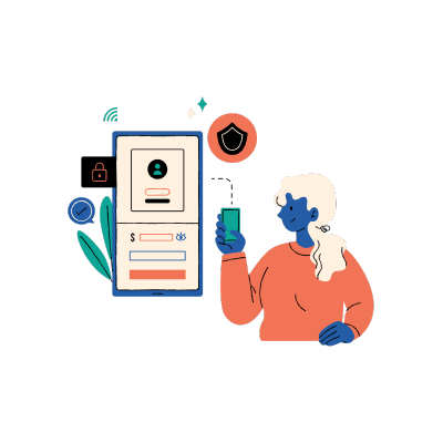 Ilustração colorida de mulher acessando o serviço do celular facilmente