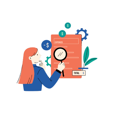 Ilustração colorida de mulher pesquisando dados com lupa