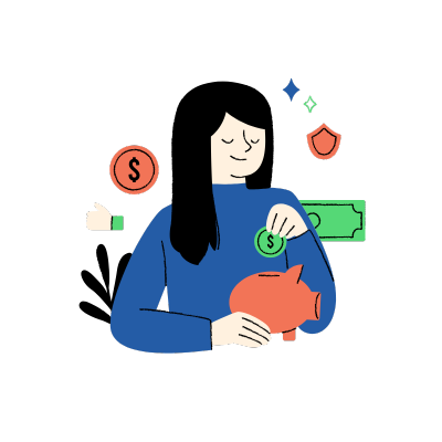 Ilustração colorida de mulher economizando dinheiro