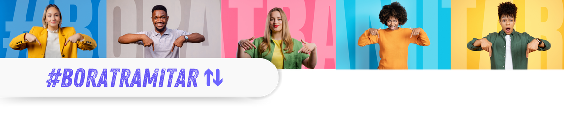 Banner com fotos de pessoas felizes em fundos bem coloridos, apontando para baixo e sorrindo.