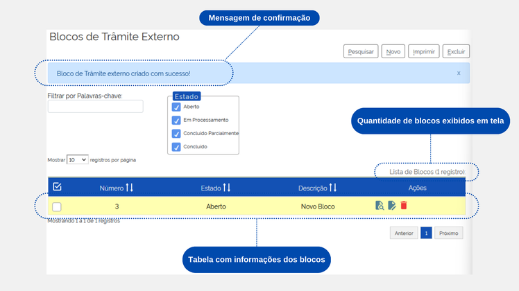 Figura 3 – Tela de Blocos de Trâmite Externo após criação de bloco.