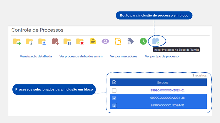 Figura 5 – Menu de ações disponível na tela de controle de processos.
