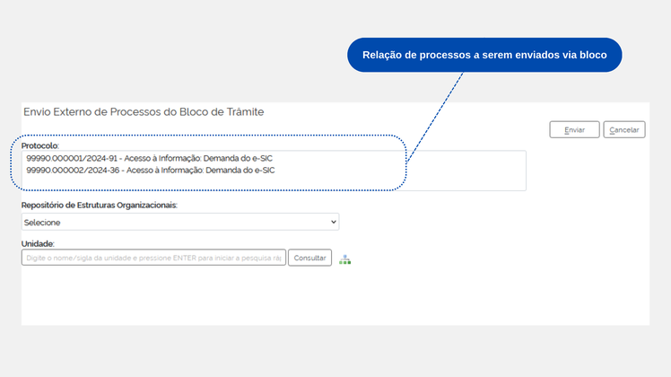 Figura 9 – Tela de seleção de destinatário para envio do Bloco de Trâmite Externo