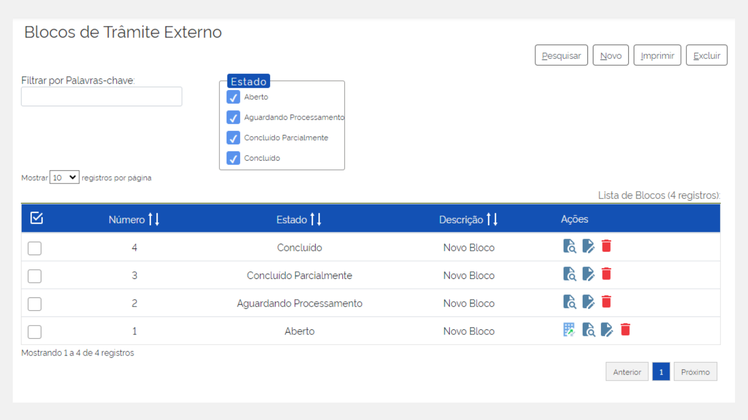 Figura 10 – Tela com os possíveis estados atribuídos aos Blocos de Trâmite Externo.