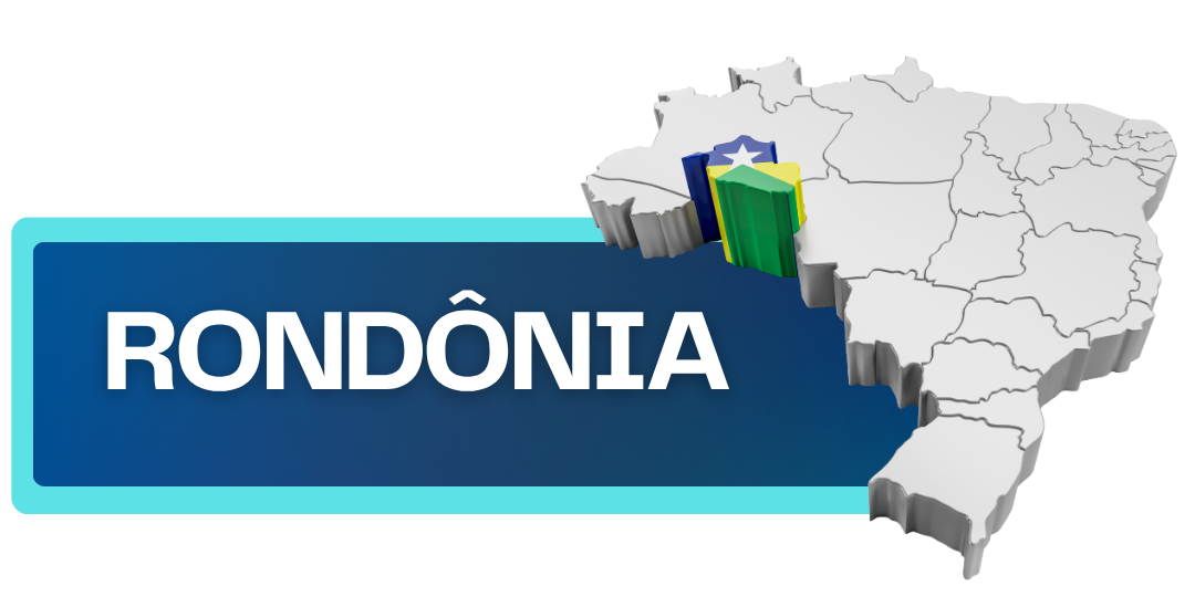 Arte que simula botão com fundo azul e nome e bandeira do Estado de Rondônia