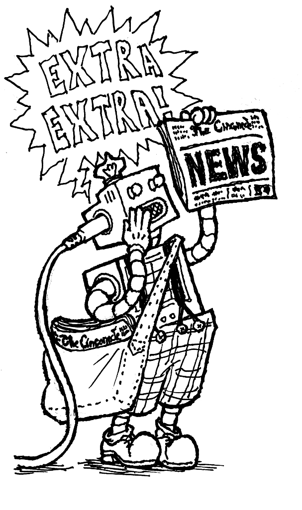 Ilustração de personagem robô segurando jornal e gritando "Extra, extra!"