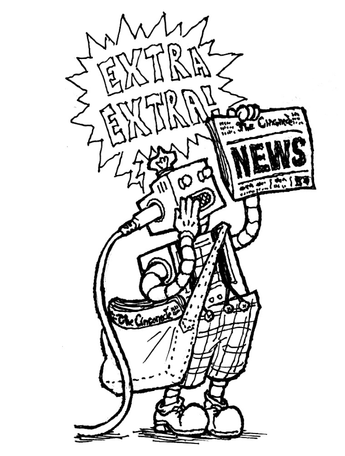 Ilustração de personagem robô segurando jornal e gritando "Extra, extra!"