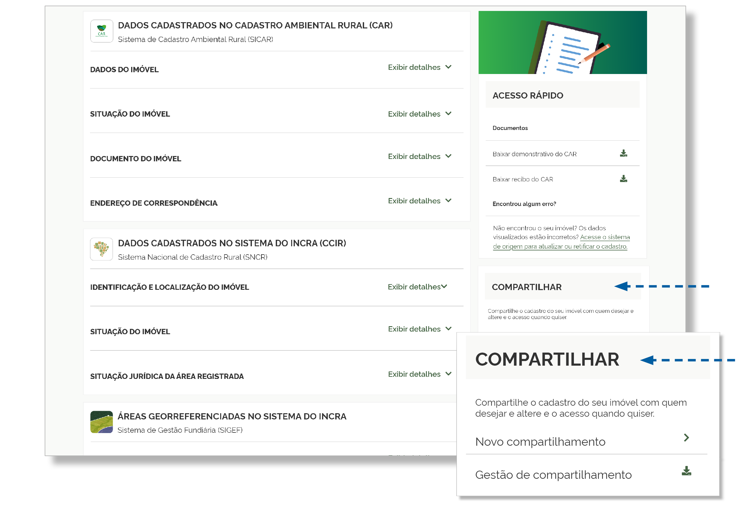 A imagem mostra uma tela do “Meu Imóvel Rural” com informações de diferentes cadastros do imóvel, organizadas em blocos expansíveis. À esquerda aparecem dados do Cadastro Ambiental Rural (CAR), do sistema do Incra/CCIR e das áreas georreferenciadas no SIGEF, com opções para “Exibir detalhes” em cada seção. À direita há uma coluna lateral com “Acesso rápido”, permitindo baixar documentos do CAR e acessar orientações para correção de dados. O destaque principal da imagem é o bloco “Compartilhar”, ampliado na parte inferior direita, que permite compartilhar o cadastro do imóvel com outra pessoa, criar um novo compartilhamento ou acessar a gestão dos compartilhamentos existentes, podendo alterar ou controlar o acesso quando necessário.
