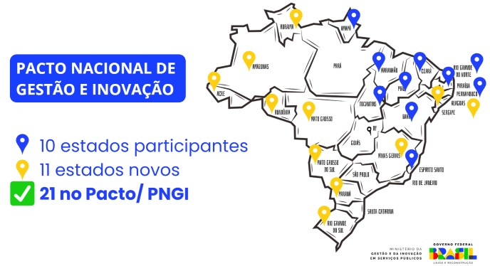 No mapa é possível visualizar os estados que já participam do PNGI (AP, BA, CE, ES, PB, PE, PI, MA, RN e TO), com marcadores em azul, e, em amarelo, as novas adesões (AC, AL, AM, MG, MT, PR, RO, RR, RS e SE)