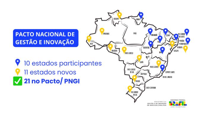 No mapa é possível visualizar os estados que já participam do PNGI (AP, BA, CE, ES, PB, PE, PI, MA, RN e TO), com marcadores em azul, e, em amarelo, as novas adesões (AC, AL, AM, GO, MG, MT, PR, RO, RR, RS e SE) 
