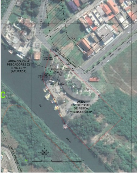 Planta com vista aérea da área em processo de regularização em Peruíbe. Fonte: SPU/SP.
