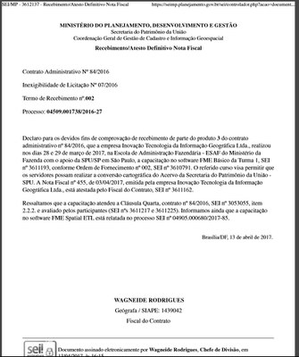 Recebimento/Atesto Definitivo Nota Fiscal