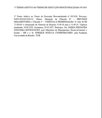 1º TERMO ADITIVO AO TERMO DE EXECUÇÃO DESCENTRALIZADA 09/2016.