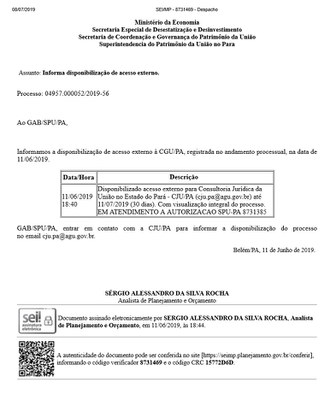 Despacho - Assunto: Informa disponibilização de acesso externo