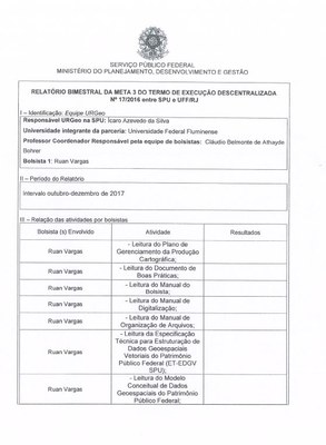 Relatório Bimestral da Meta 3 do Termo de Execução Descentralizada Nº 17/2016 entre a SPU e UFF/RJ