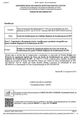 TERMO DE RECEBIMENTO - Produto 2.4: Proposta de organização logística do Curso em Gestão da Geoinformação nas quatro Unidades Regionais de Geoinformação da SPU 
