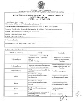 RELATORI0 BIMESTRAL DA META 3 DO TERMO DE EXECUÇÃO DESCENTRALIZADA N' 17/2016 entre SPU e UFF/RJ – URGEO MG