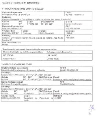 Plano de Trabalho 001 SPU/UnB