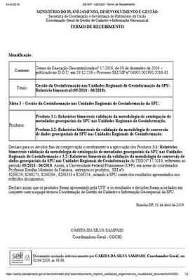 TERMO DE RECEBIMENTO - Gestão da Geoinformação nas Unidades Regionais de Geoinformação da SPU Relatório Bimenstral (05/2018 - 06/2018)