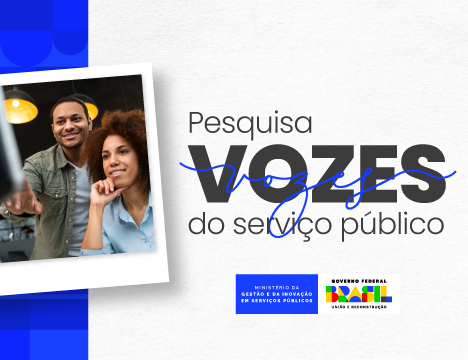 A imagem apresenta um convite para participar de uma pesquisa chamada "Vozes do serviço público". No design, há uma foto de duas pessoas, um homem e uma mulher, que parecem estar interagindo com um dispositivo, possivelmente um computador. O homem está sorrindo e a mulher parece pensativa.  O texto destaca a importância da pesquisa e informa que a participação pode ser feita até o dia01 de dezembro. Também menciona que é possível acessar a pesquisa pelo aplicativo do site sougov.br. No canto superior direito, há um logotipo do governo federal do Brasil, indicando que a pesquisa é promovida pelo Ministério da Gestão e da Inovação em Serviços Públicos.