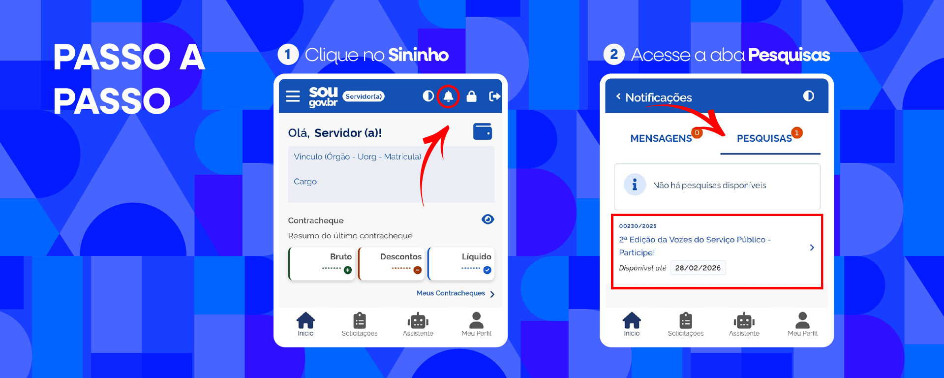 Pesquisa Vozes do Serviço Publico 2 - Prorrogada até 31/03.Passo a passo: Acesse o aplicativo SouGov, clique no Sininho e vá para a aba de Pesquisas, lá estará a Pesquisa Vozes do Serviço Público 2. A imagem apresenta um convite para participar de uma pesquisa chamada "Vozes do serviço público 2ª Edição". No design, há uma foto de duas pessoas, um homem e uma mulher, que parecem estar interagindo com um computador. O homem está sorrindo e a mulher parece pensativa.  O texto destaca a importância da pesquisa e informa que a participação pode ser feita até o dia 28 de Fevereiro. Também menciona que é possível acessar a pesquisa pelo aplicativo ou do site sougov.br. No canto superior direito, há um logotipo do governo federal do Brasil, indicando que a pesquisa é promovida pelo Ministério da Gestão e da Inovação em Serviços Públicos e da ENAP.