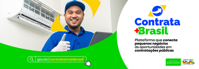 Homem sorrindo com um tablet na mão faz sinal de ok com o texto: gov.br/contratamaisbrasil
