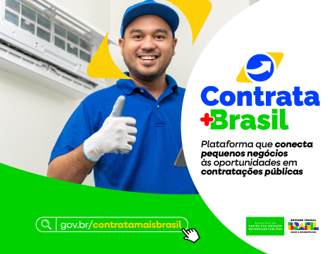 Homem sorrindo com um tablet na mão faz sinal de ok com o texto: gov.br/contratamaisbrasil