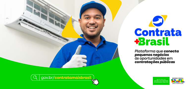 Homem sorrindo com um tablet na mão faz sinal de ok com o texto: gov.br/contratamaisbrasil