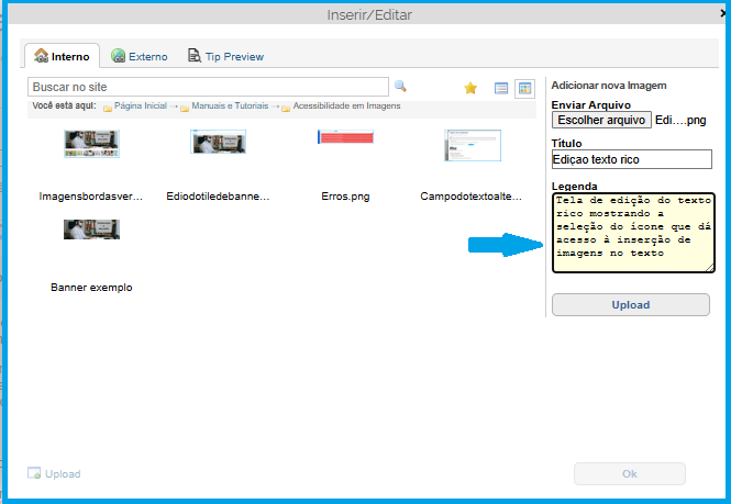Tela que mostra os campos Título e Legenda preenchidos