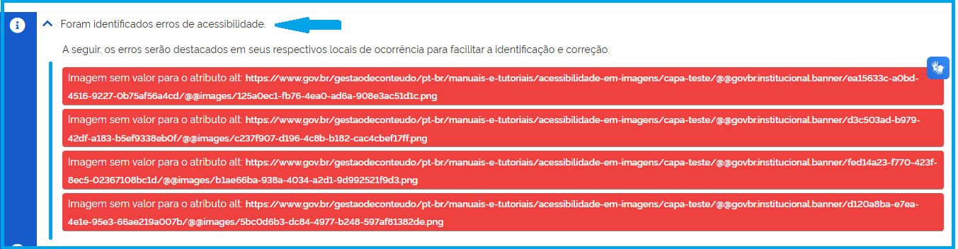 Print da tela que mostra os erros de acessibilidade