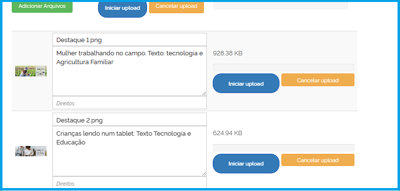 Tela de upload com a descrição das imagens