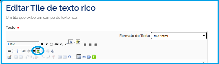 Tela de edição do texto rico mostrando a seleção do ícone que dá acesso à inserção de imagens no tex