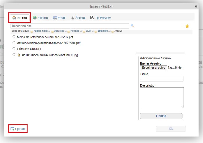 tela para a seleção de arquivos
