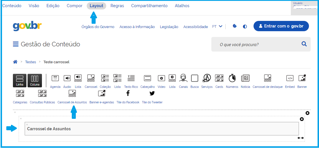Visão do tile de Carrossel de Assuntos no Layout