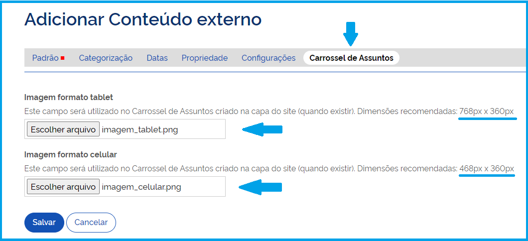 Visualização do item Carrossel de Assuntos no menu de edição do Conteúdo Externo