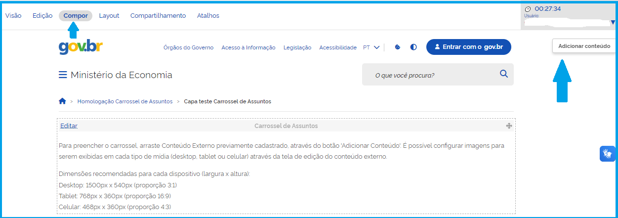 Vista das funcionalidades Compor e Adicionar conteúdo